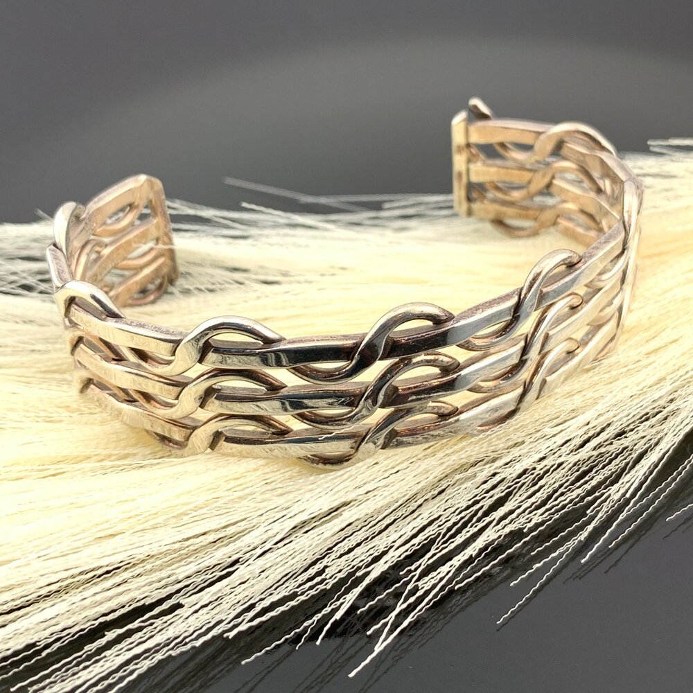 Basket Weave Vintage Mexico Woven Sterling Silver Bold Cuff Bracelet 925